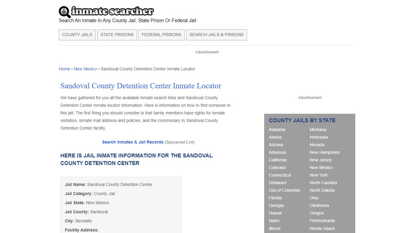 Sandoval County Detention Center Inmate Locator - Inmate Searcher